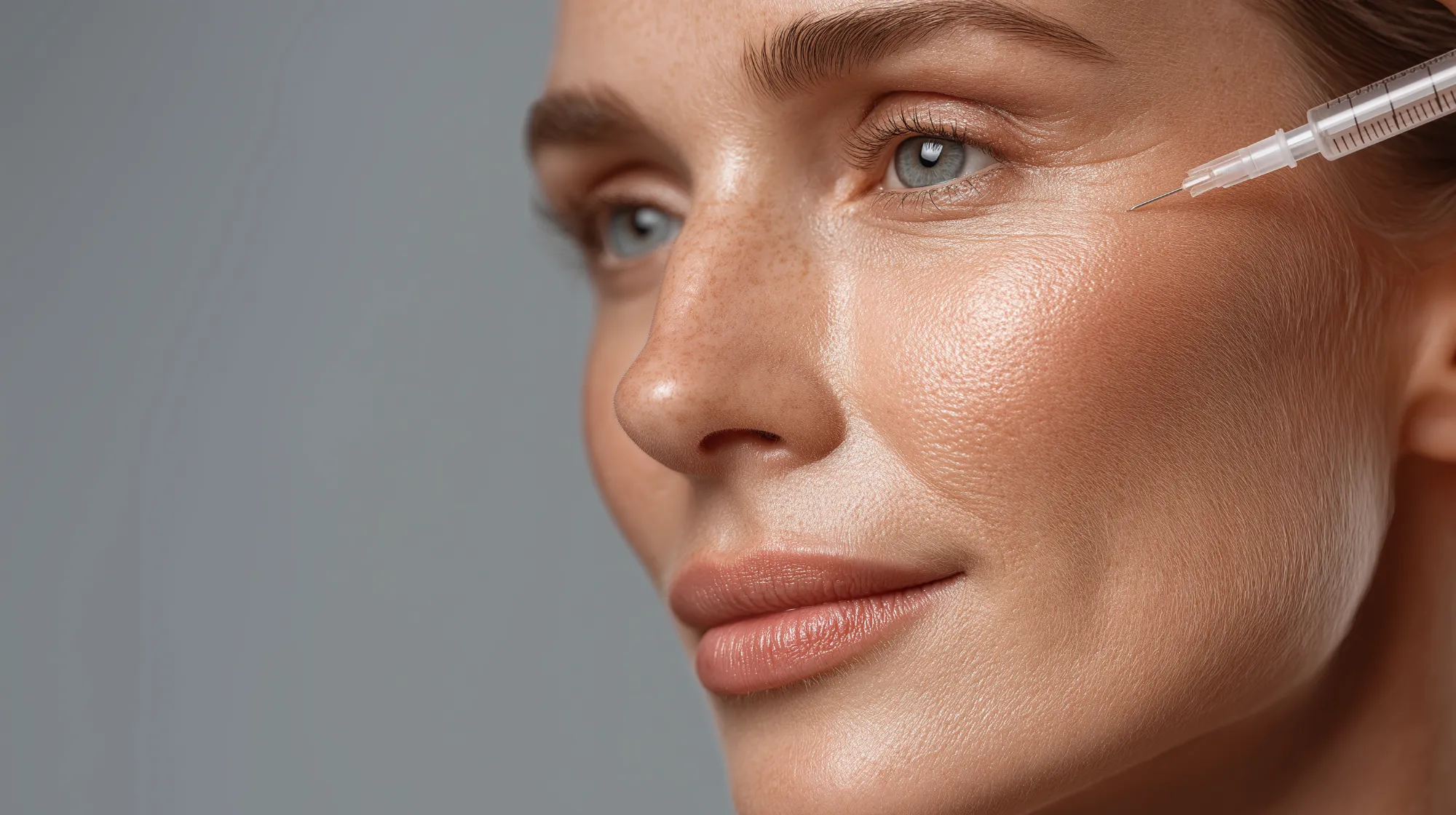 A woman with a needle in her nose.